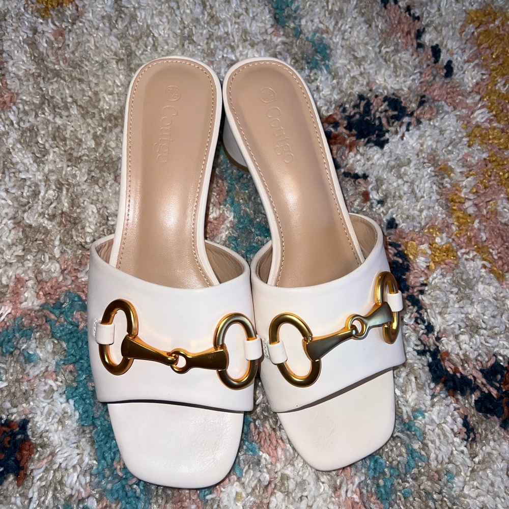 Women's Ivory Slide Sandals with Gold Horsebit